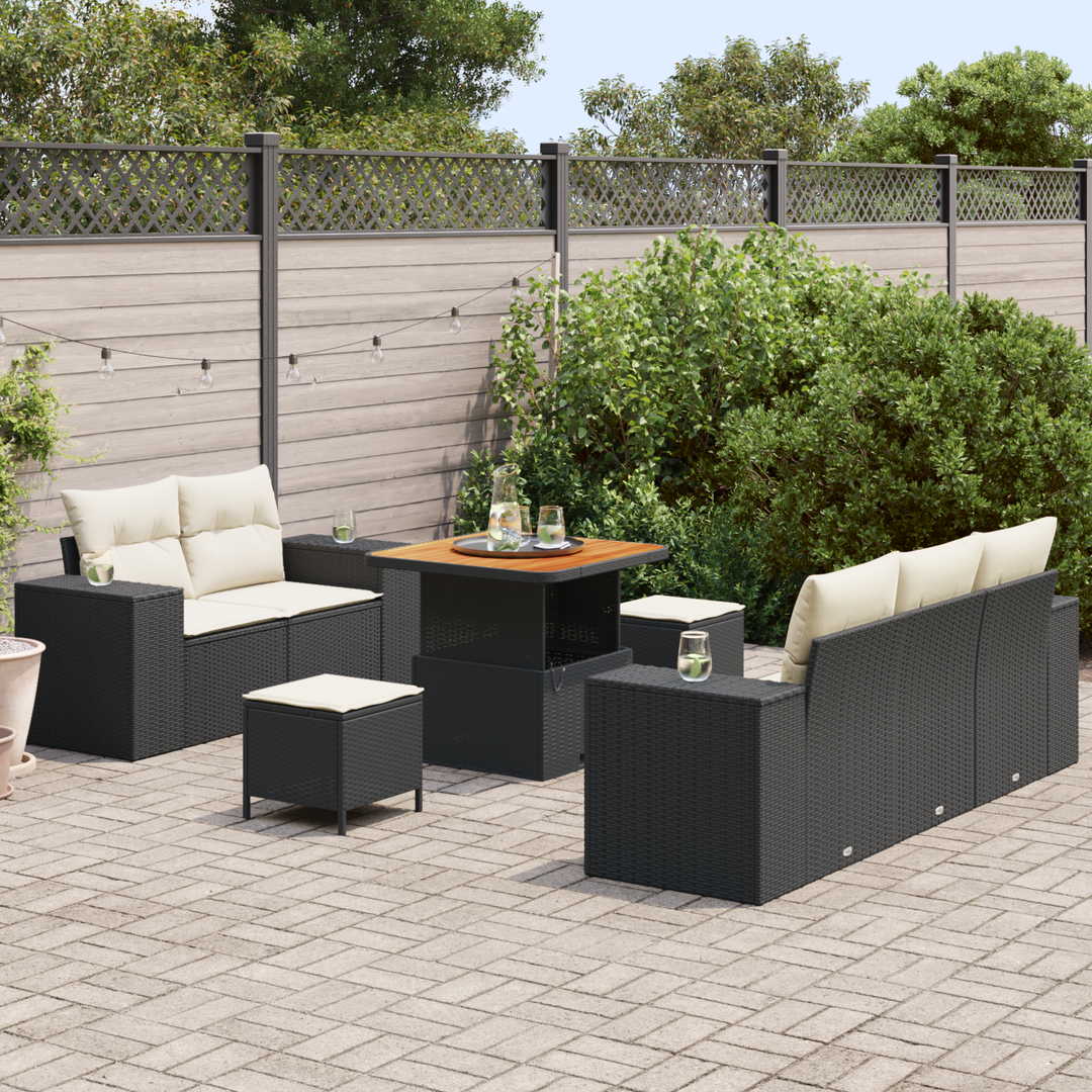 Havesofa Sæt med pude med pude 8 pcs Sort og Cream Poly Rattan