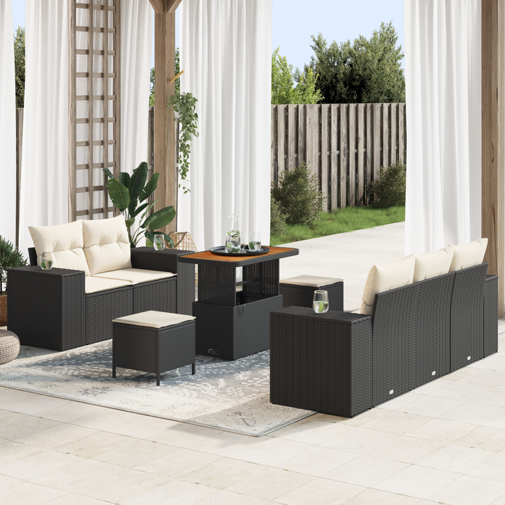 Havesofa Sæt med pude med pude 8 pcs Sort og Cream Poly Rattan