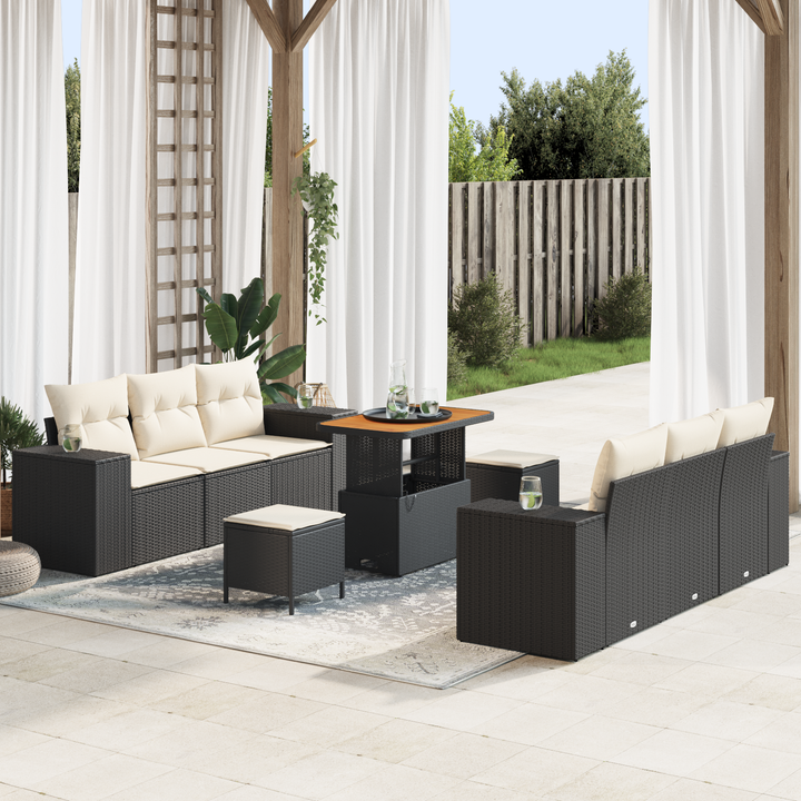 Havesofa Sæt med pude med pude 9 pcs Sort og Cream Poly Rattan