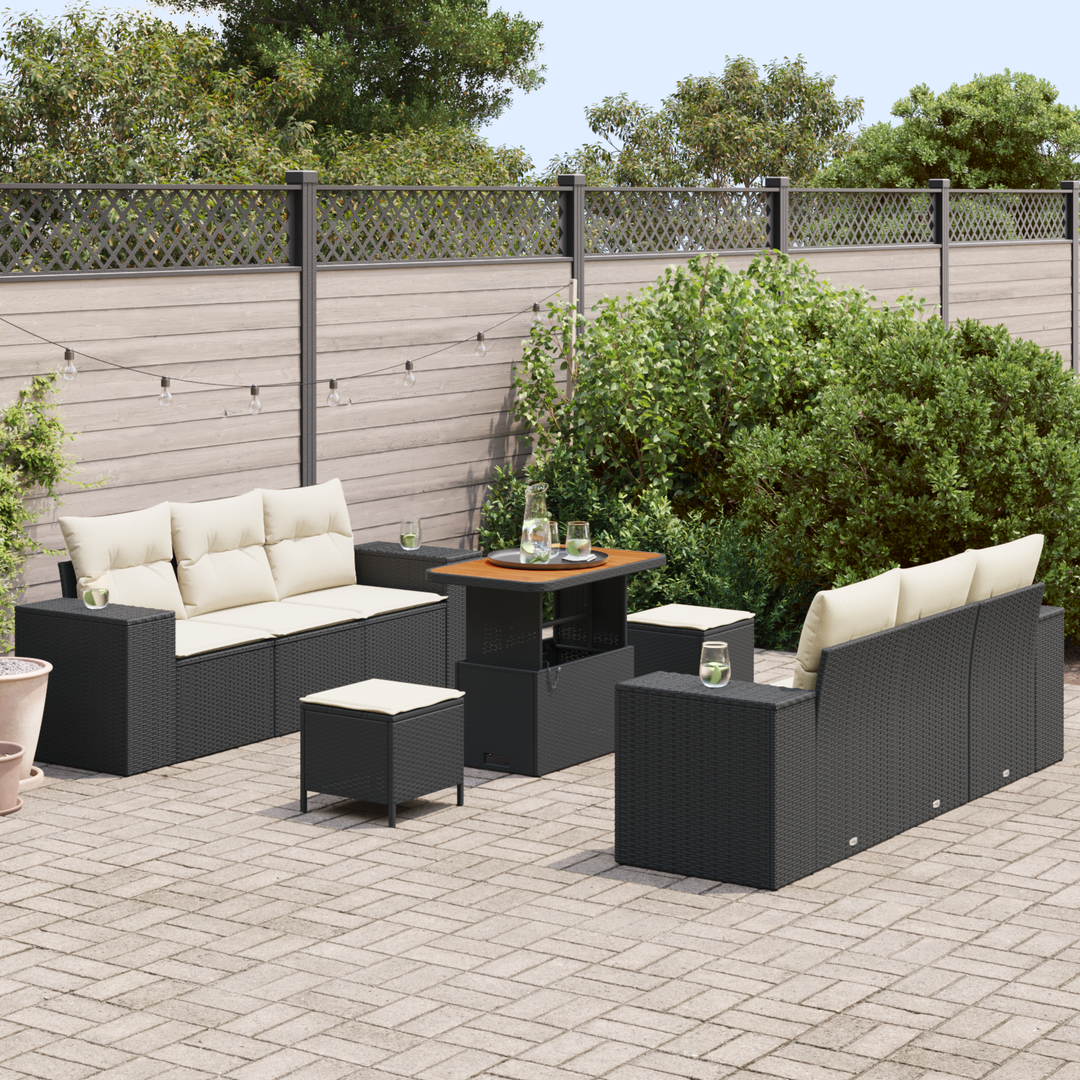 Havesofa Sæt med pude med pude 9 pcs Sort og Cream Poly Rattan