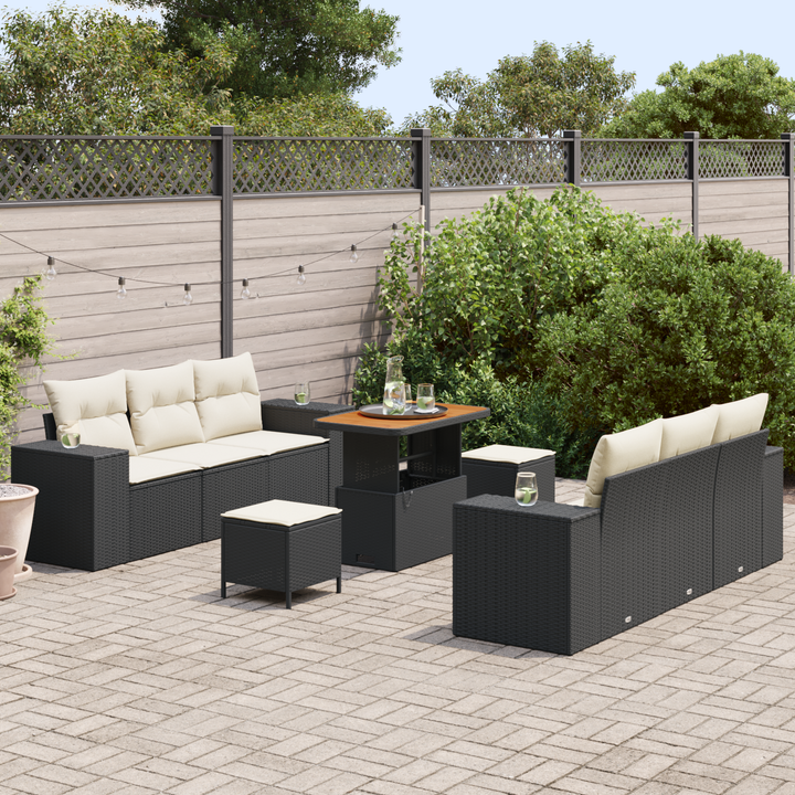 Havesofa Sæt med pude med pude 9 pcs Sort og Cream Poly Rattan