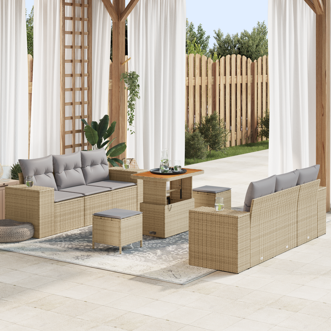Havesofa Sæt med pude 9 pcs Beige og lys grå Poly Rattan