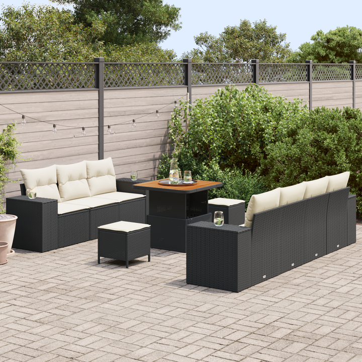 Havesofa Sæt med pude med pude 10 pcs Sort og Cream Poly Rattan