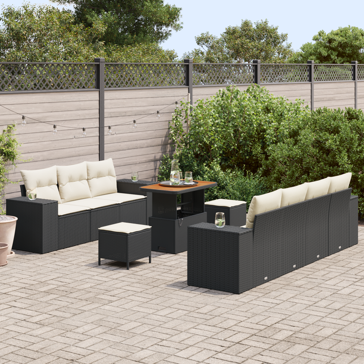 Havesofa Sæt med pude med pude 10 pcs Sort og Cream Poly Rattan