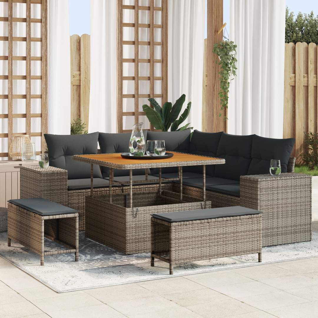 Havesofa Sæt med pude med opbevaring 8 pcs Grå polyrattan