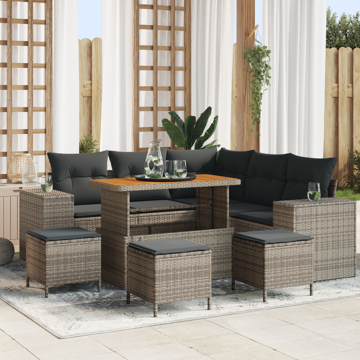 Havesofa Sæt med pude med opbevaring 9 pcs Grå polyrattan