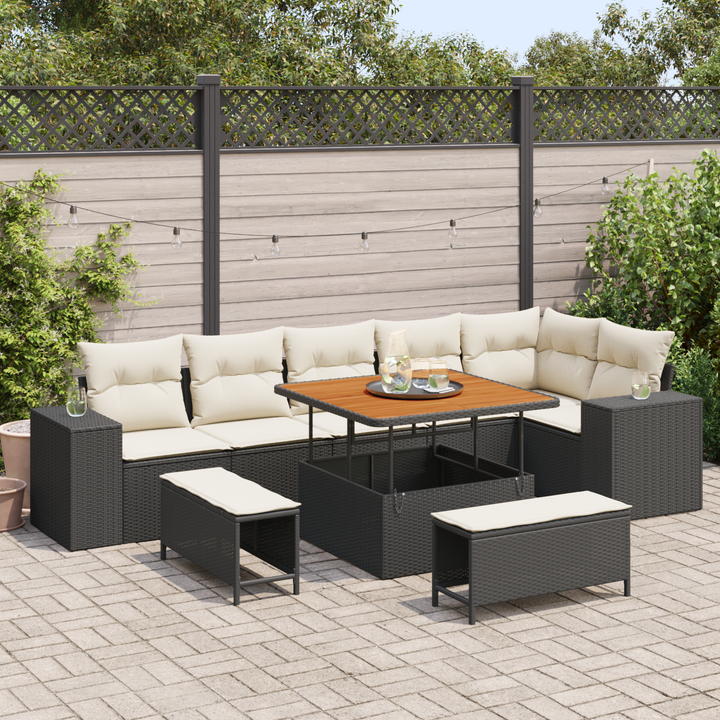 Havesofa Sæt med pude 9 pcs Sort og Cream polyrattan