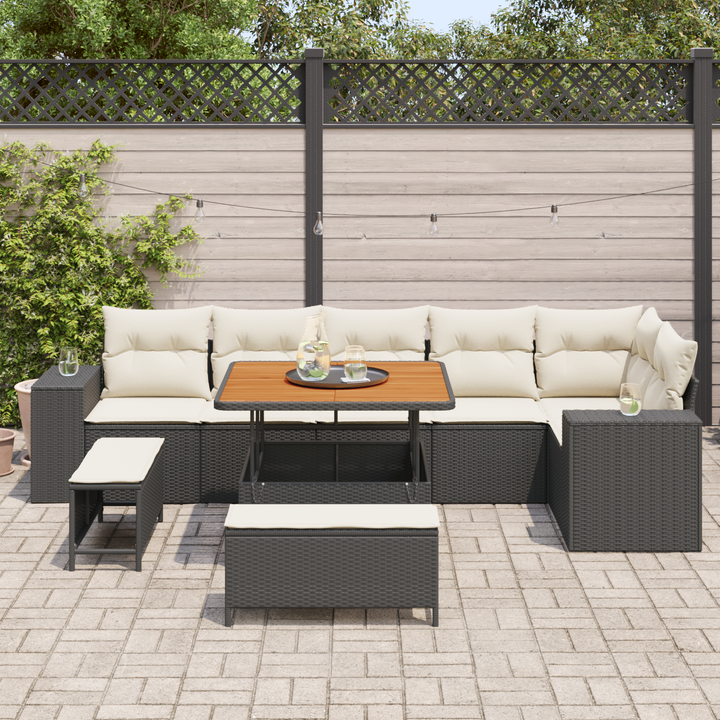 Havesofa Sæt med pude 9 pcs Sort og Cream polyrattan