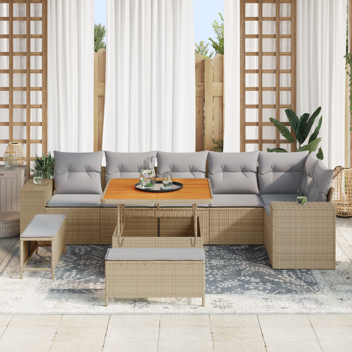 Havesofa Sæt med pude 9 pcs Beige og lys grå polyrattan