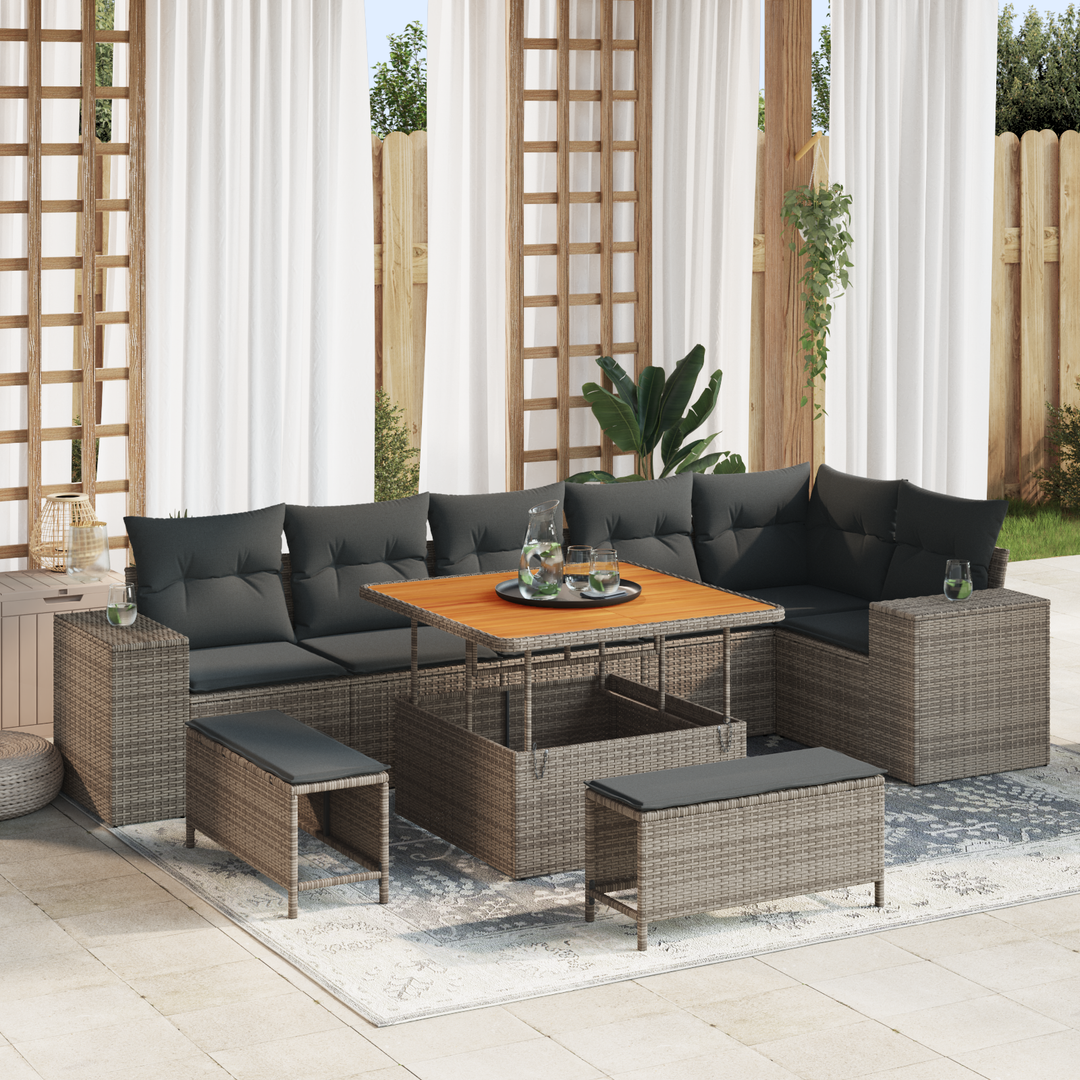 Havesofa Sæt med pude 9 pcs Grå polyrattan