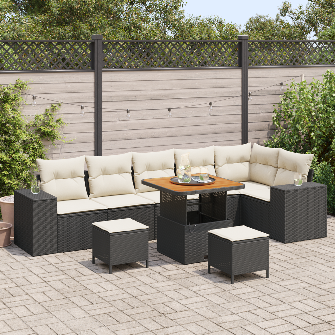 Havesofa Sæt med pude 9 pcs Sort og Cream polyrattan