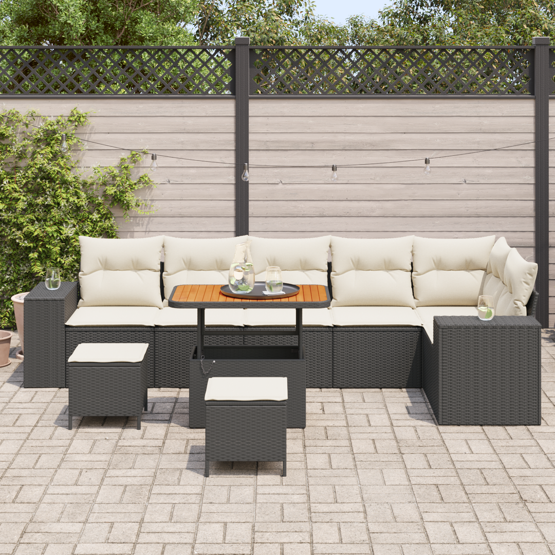 Havesofa Sæt med pude 9 pcs Sort og Cream polyrattan
