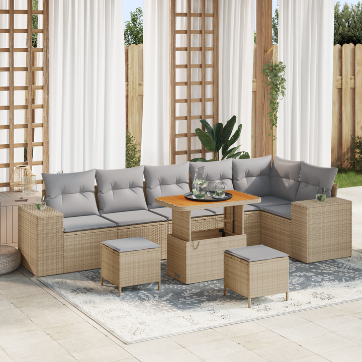 Havesofa Sæt med pude 9 pcs Beige og lys grå polyrattan