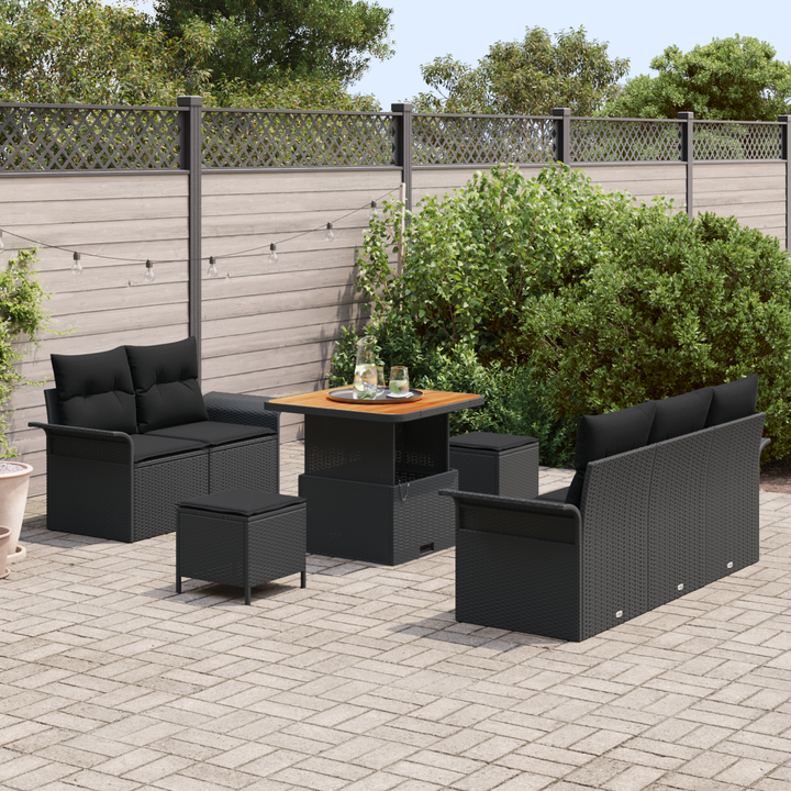 Havesofa Sæt 8 pcs Sort Polyrattan, stål og massivt akacietræ