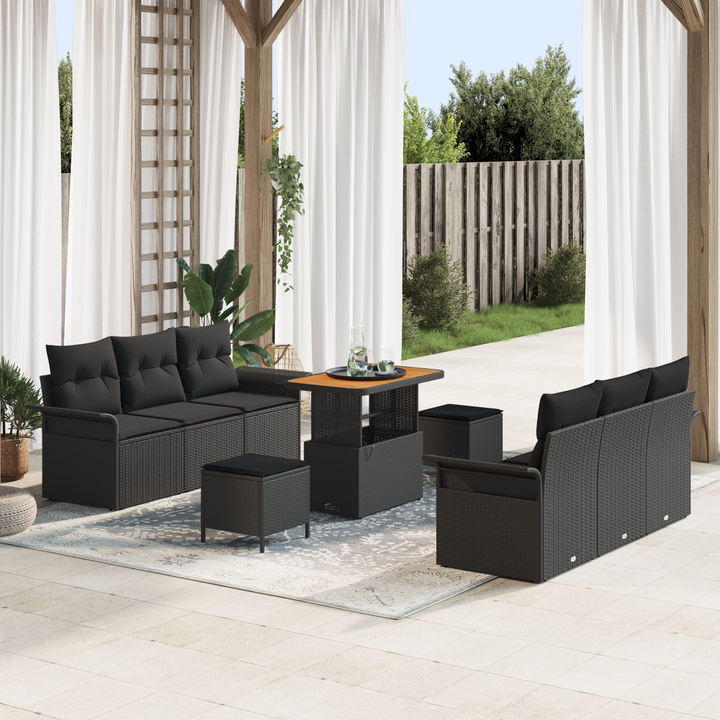 Havesofa Sæt 9 pcs Sort Polyrattan, stål og massivt akacietræ