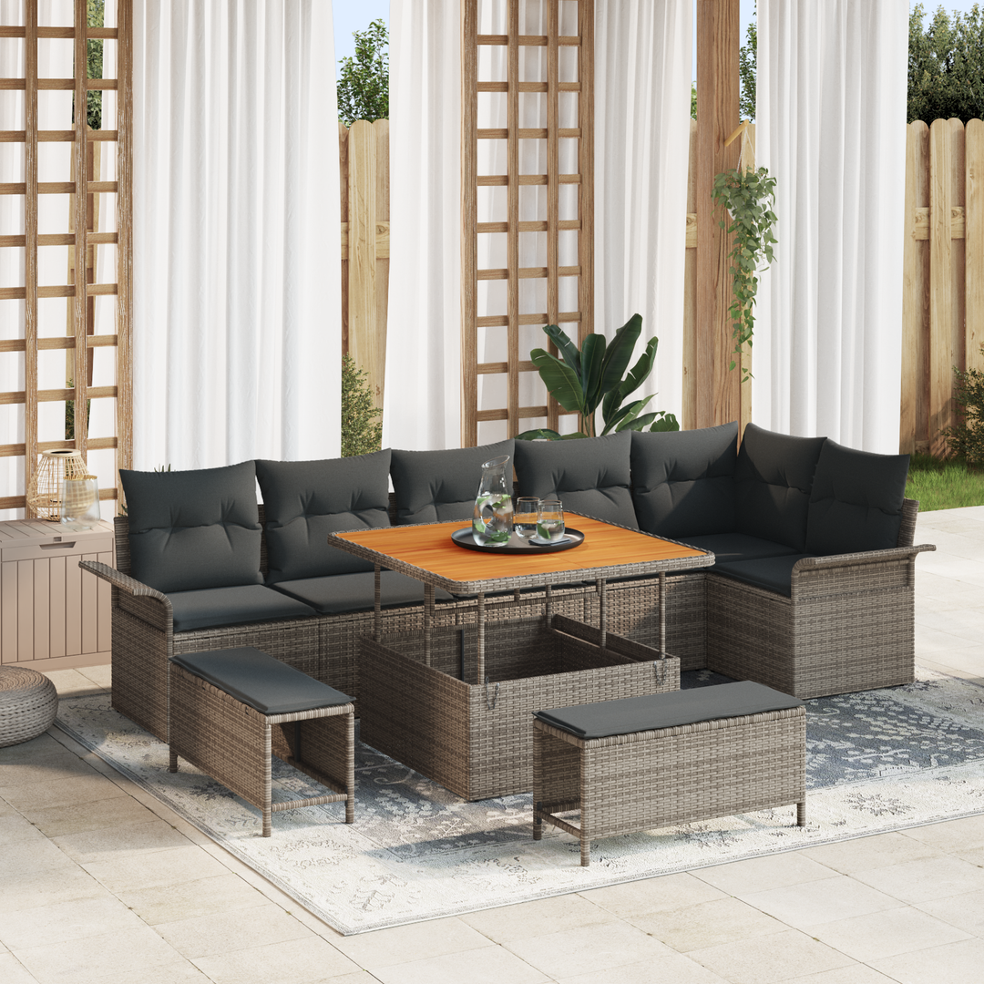 Havesofa Sæt 9 pcs Grå Poly Rattan og Stål og Massivt akacietræ