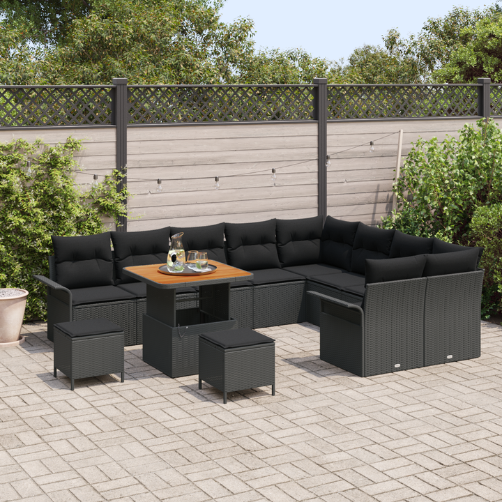 Havesofa Sæt 12 pcs Sort Polyrattan, stål og massivt akacietræ