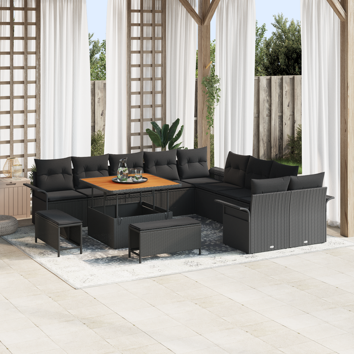Havesofa Sæt 13 pcs Sort Polyrattan, stål og massivt akacietræ