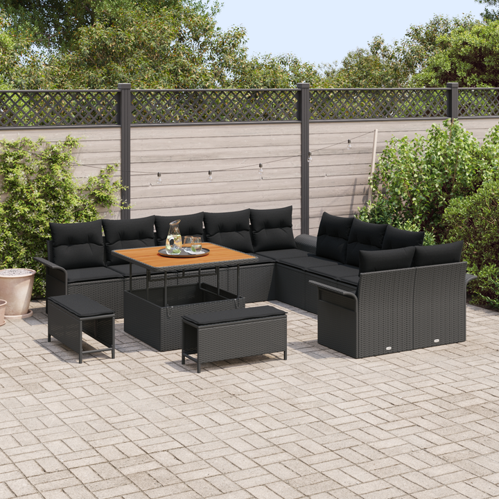 Havesofa Sæt 13 pcs Sort Polyrattan, stål og massivt akacietræ