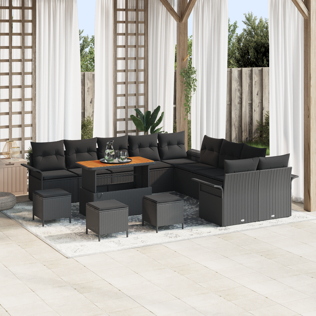 Havesofa Sæt 14 pcs Sort Polyrattan, stål og massivt akacietræ