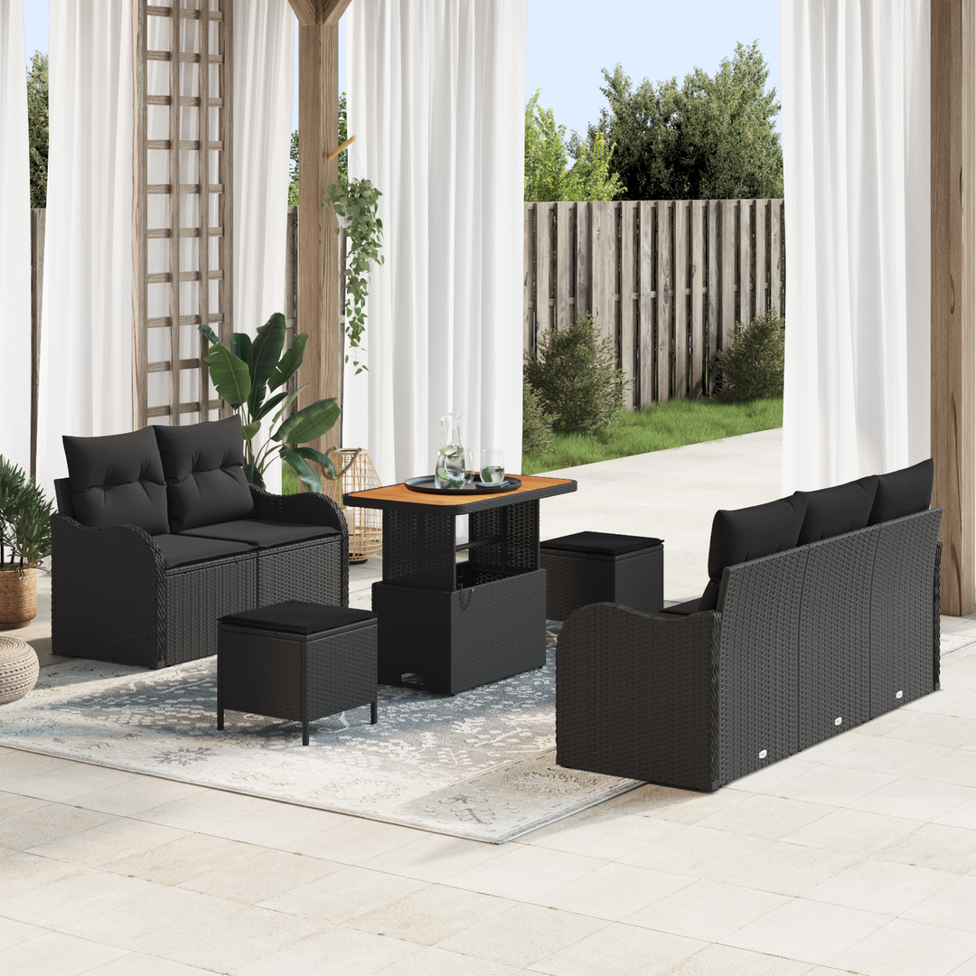 Havesofa Sæt 8 pcs Sort Polyrattan, stål og massivt akacietræ