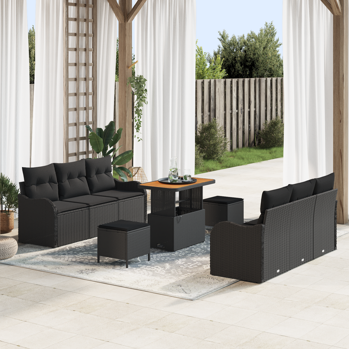 Havesofa Sæt 9 pcs Sort Polyrattan, stål og massivt akacietræ