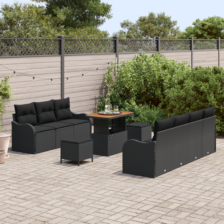 Havesofa Sæt 10 pcs Sort Polyrattan, stål og massivt akacietræ