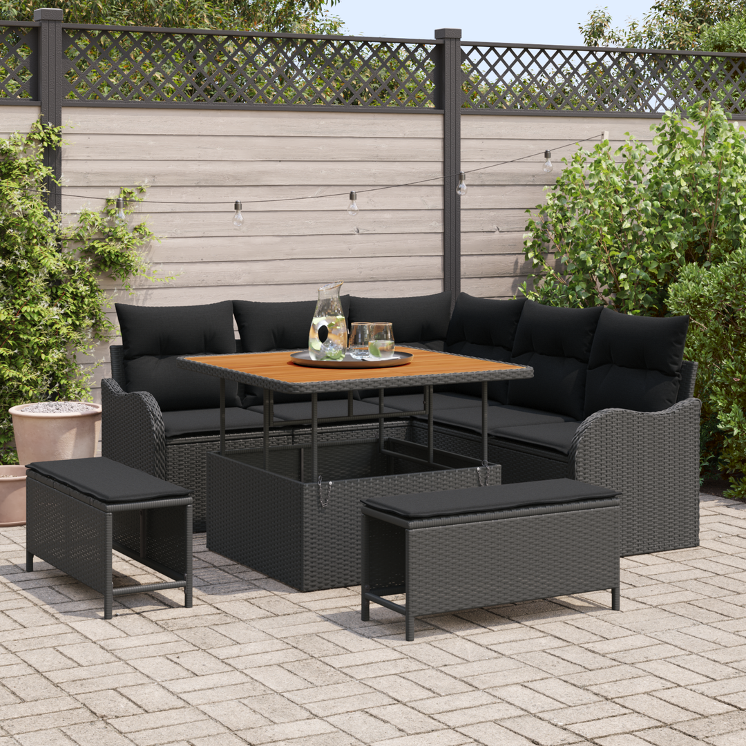 Havesofa Sæt 8 pcs Sort Polyrattan, stål og massivt akacietræ