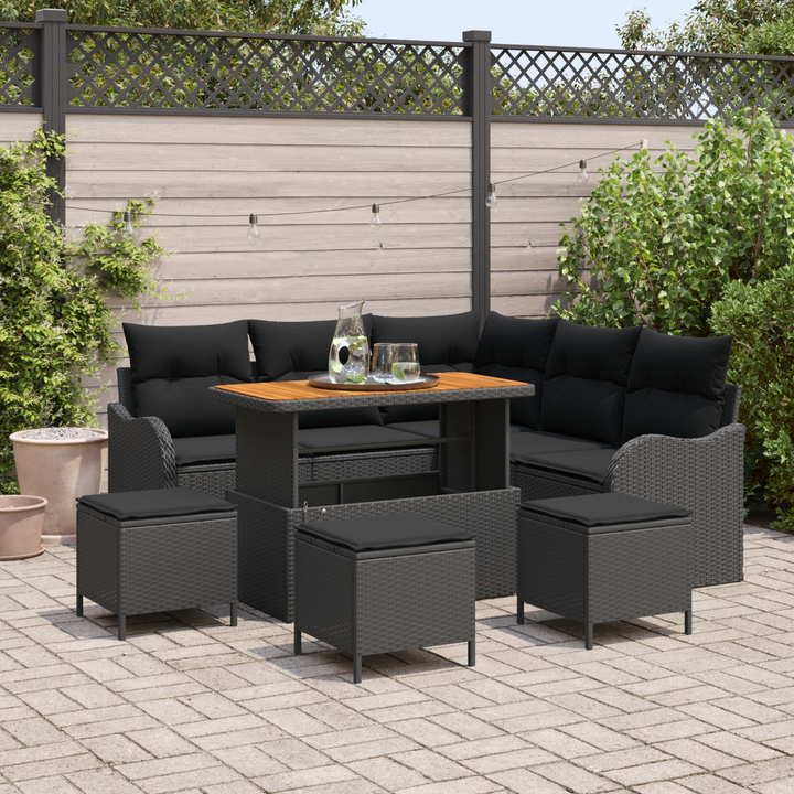 Havesofa Sæt 9 pcs Sort Polyrattan, stål og massivt akacietræ