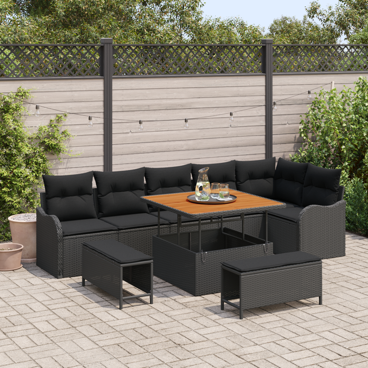Havesofa Sæt 9 pcs Sort Polyrattan, stål og massivt akacietræ