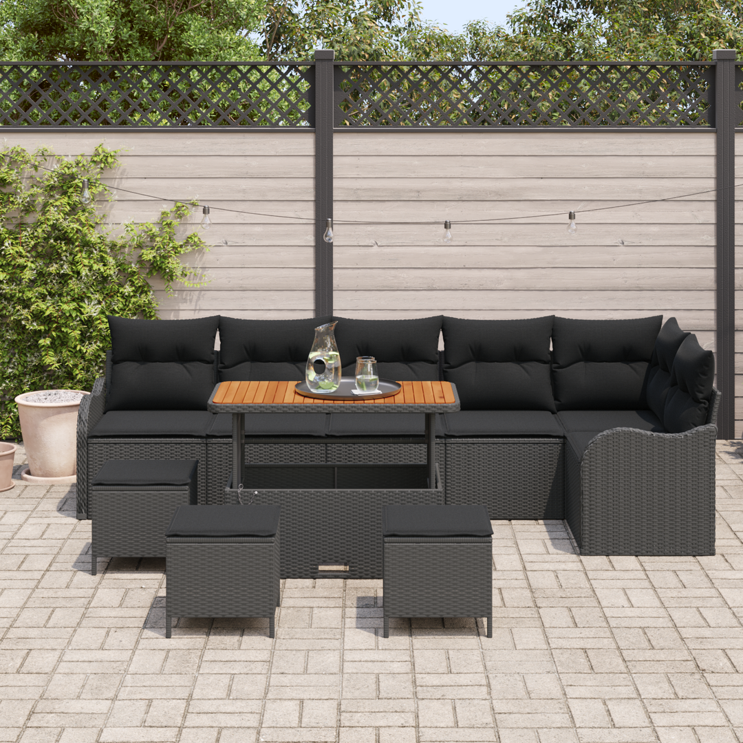 Havesofa Sæt 10 pcs Sort Polyrattan, stål og massivt akacietræ
