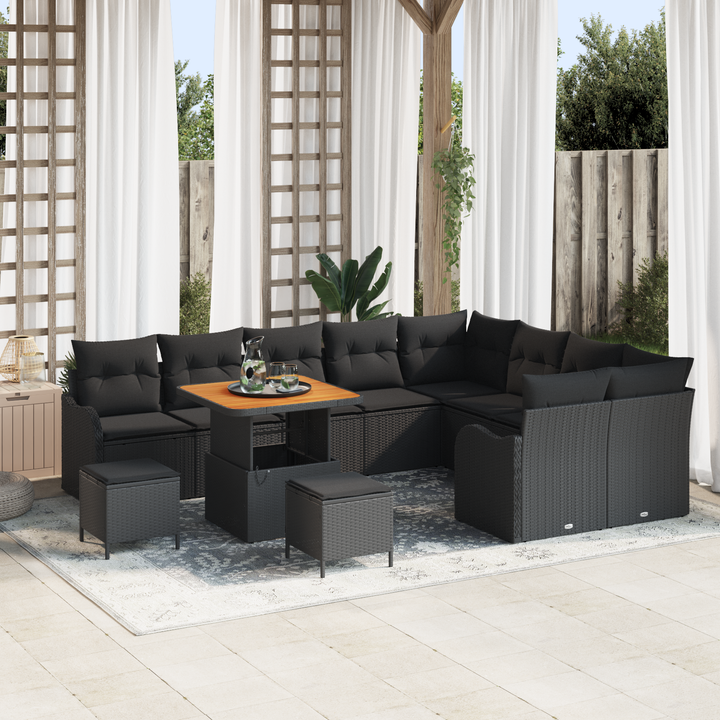Havesofa Sæt 12 pcs Sort Polyrattan, stål og massivt akacietræ