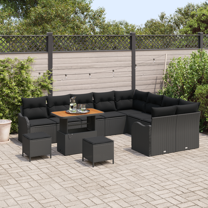 Havesofa Sæt 12 pcs Sort Polyrattan, stål og massivt akacietræ