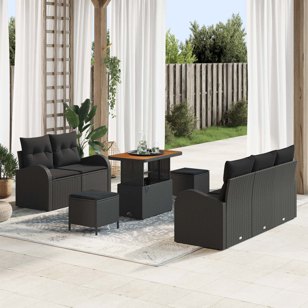 Havesofa Sæt 8 pcs Sort Polyrattan, stål og massivt akacietræ