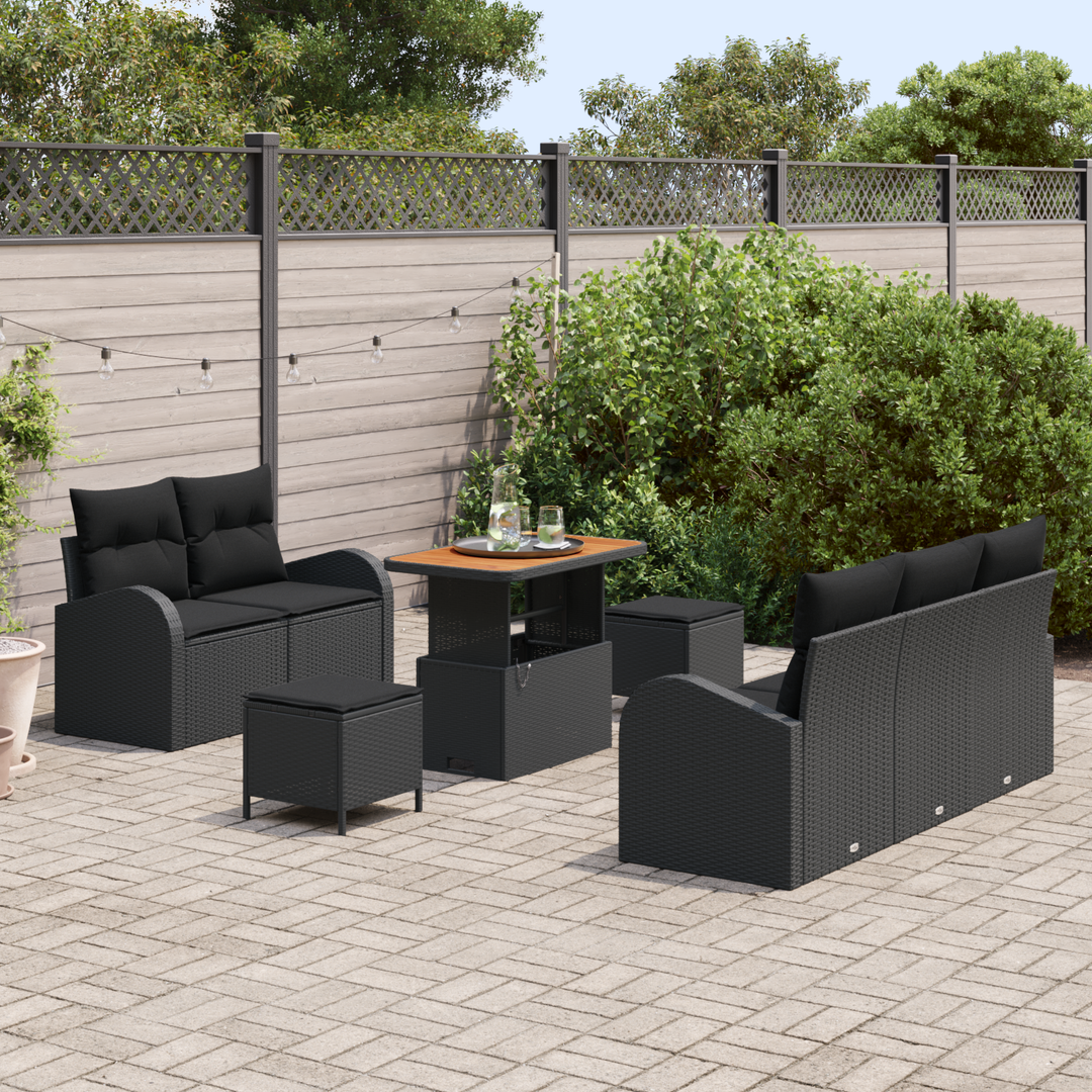 Havesofa Sæt 8 pcs Sort Polyrattan, stål og massivt akacietræ