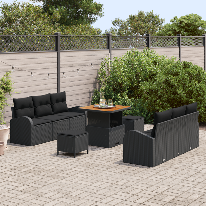 Havesofa Sæt 9 pcs Sort Polyrattan, stål og massivt akacietræ