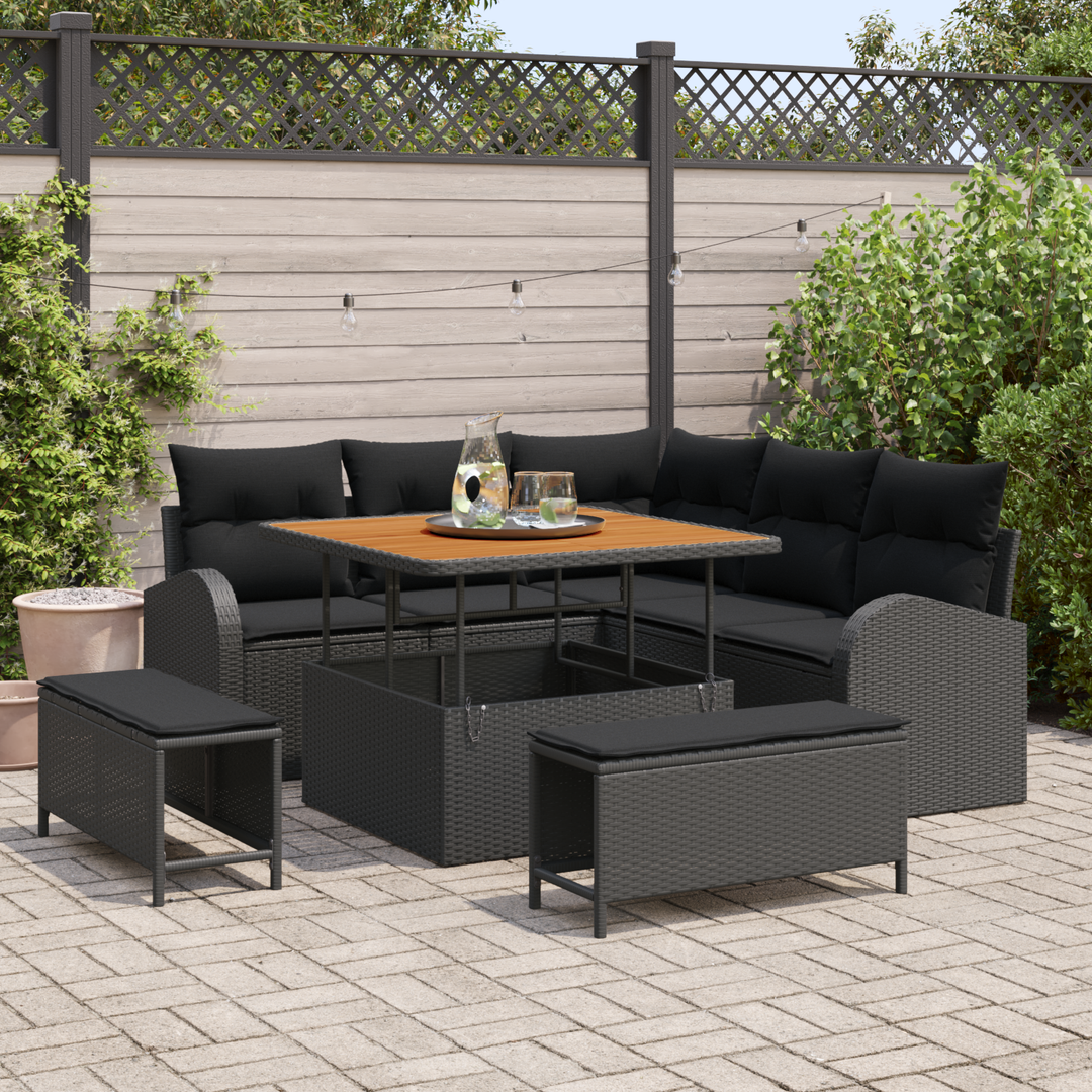 Havesofa Sæt 8 pcs Sort Polyrattan, stål og massivt akacietræ
