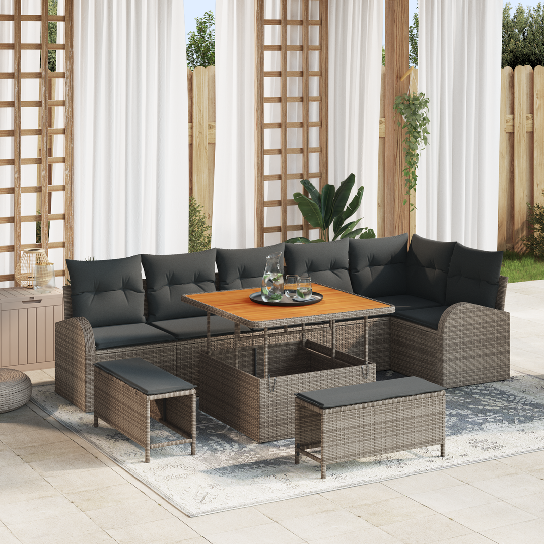 Havesofa Sæt 9 pcs Grå Polyrattan, stål og massivt akacietræ