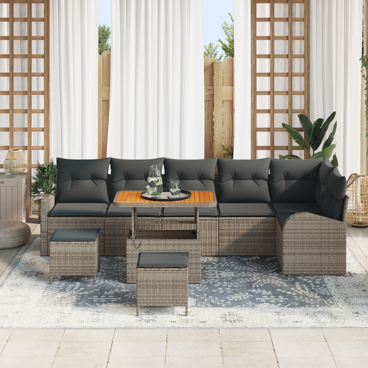 Havesofa Sæt 9 pcs Grå Polyrattan, stål og massivt akacietræ