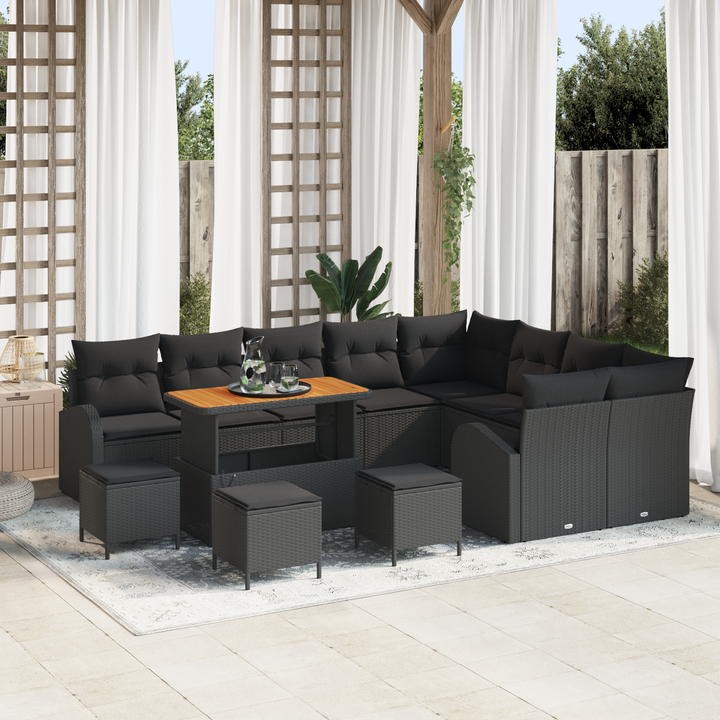 Havesofa Sæt 13 pcs Sort Polyrattan, stål og massivt akacietræ