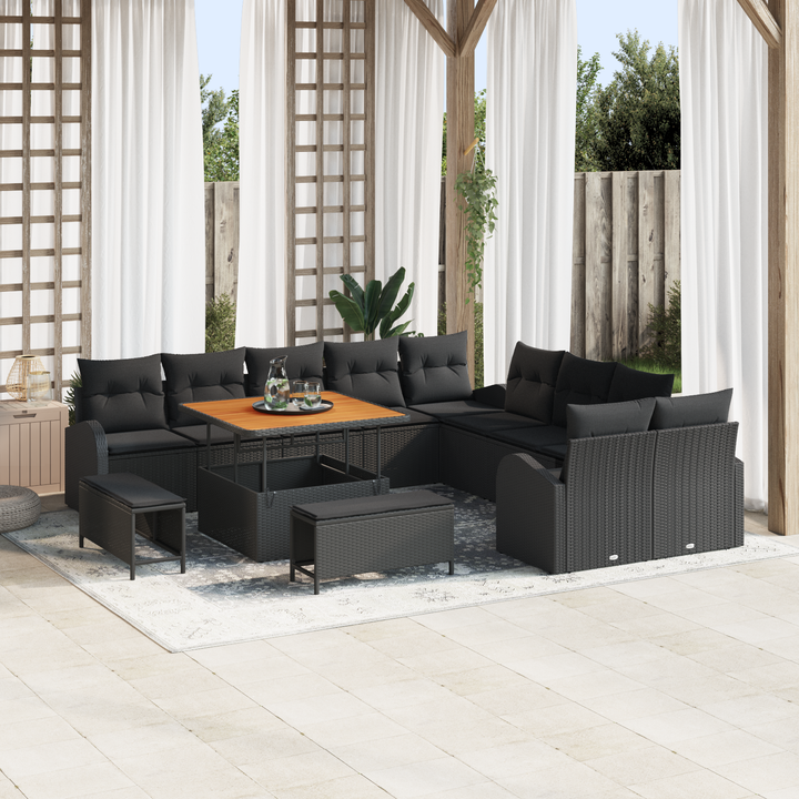 Havesofa Sæt 13 pcs Sort Polyrattan, stål og massivt akacietræ
