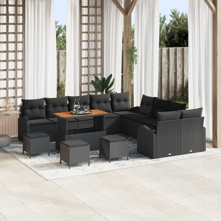 Havesofa Sæt 14 pcs Sort Polyrattan, stål og massivt akacietræ