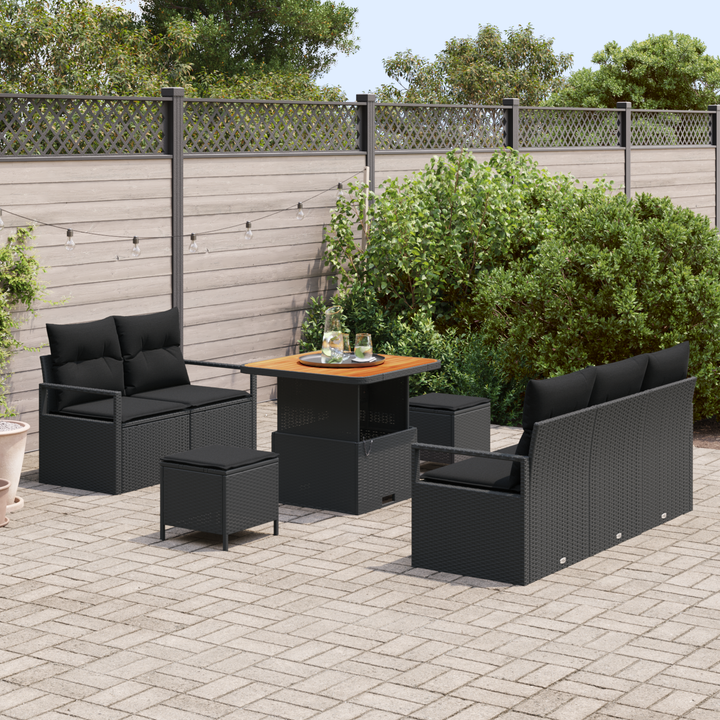 Havesofa Sæt 8 pcs Sort Polyrattan, stål og massivt akacietræ
