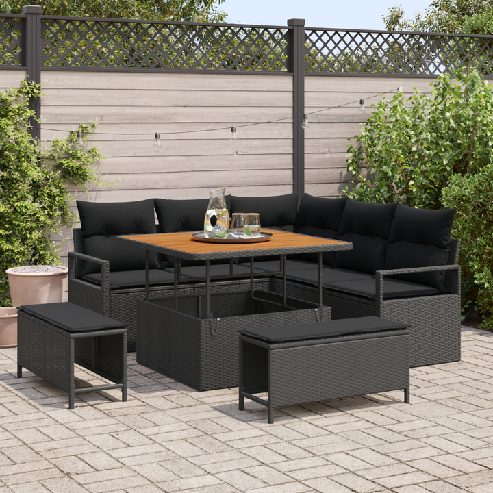 Havesofa Sæt 8 pcs Sort Polyrattan, stål og massivt akacietræ