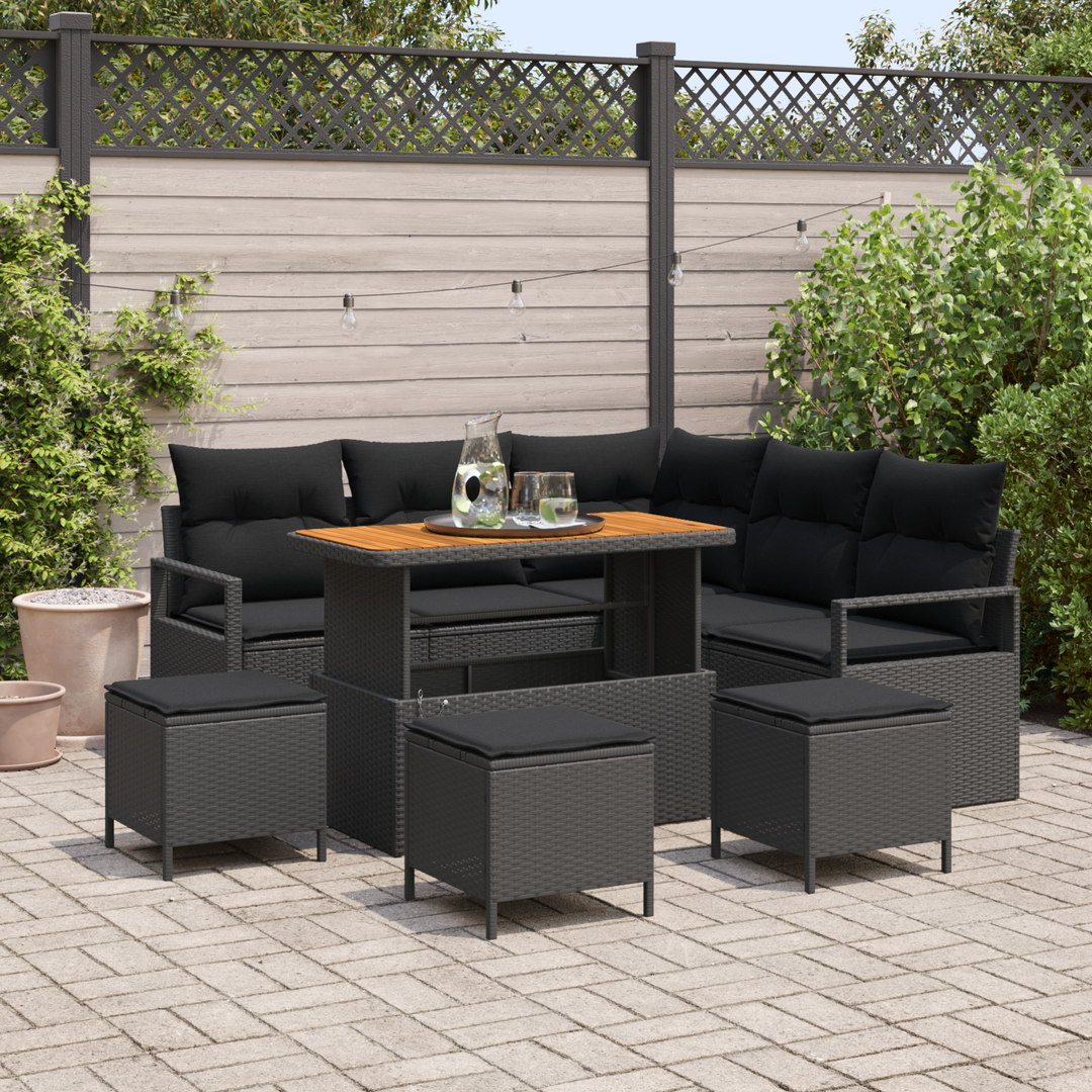 Havesofa Sæt 9 pcs Sort Polyrattan, stål og massivt akacietræ