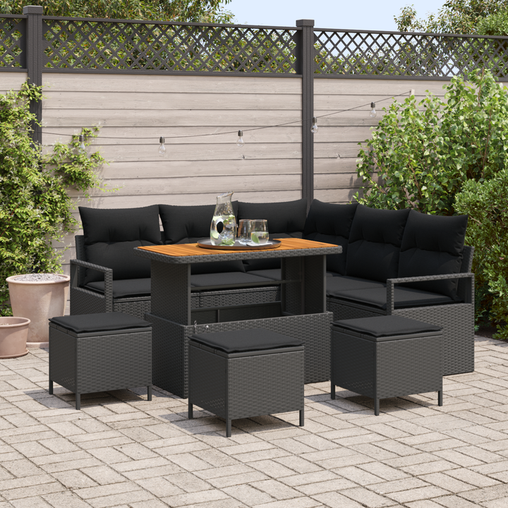 Havesofa Sæt 9 pcs Sort Polyrattan, stål og massivt akacietræ