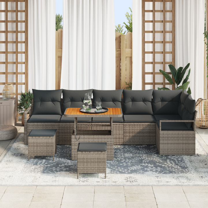 Havesofa Sæt 9 pcs Grå Polyrattan, stål og massivt akacietræ