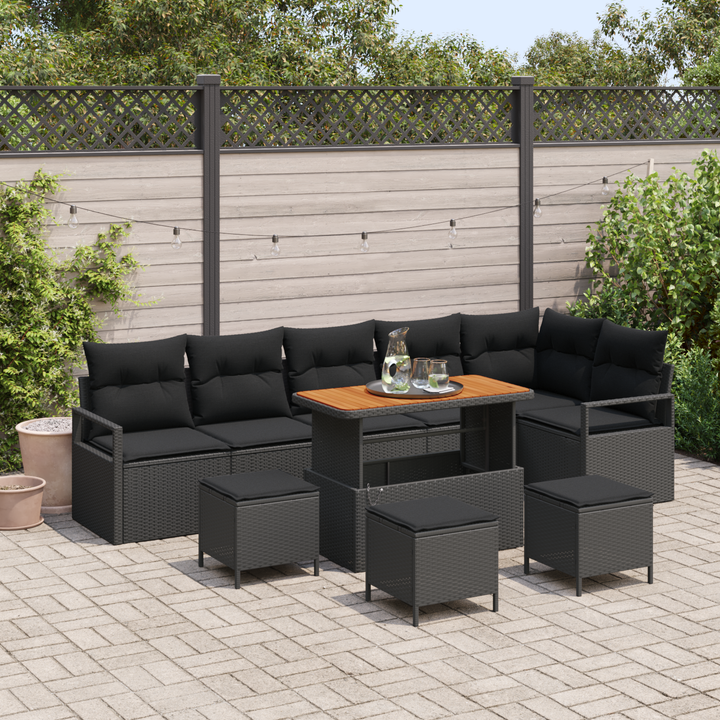 Havesofa Sæt 10 pcs Sort Polyrattan, stål og massivt akacietræ