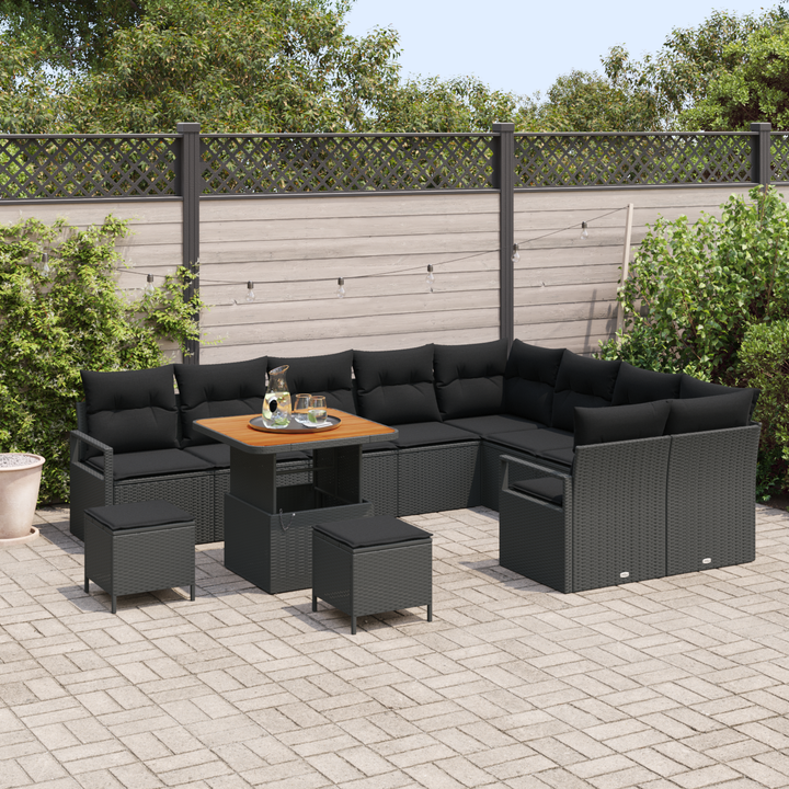 Havesofa Sæt 12 pcs Sort Polyrattan, stål og massivt akacietræ