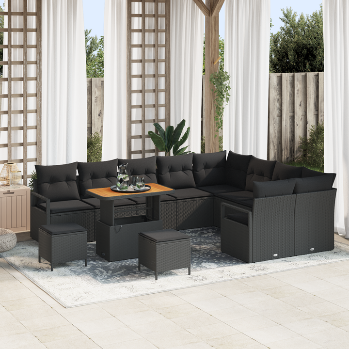 Havesofa Sæt 12 pcs Sort Polyrattan, stål og massivt akacietræ